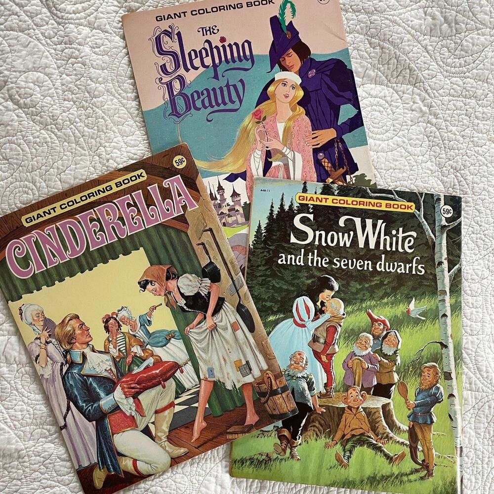 Vtg 1960s Giant Coloring Books 3 pc bundle Snow White Cinderella Sleeping Beauty